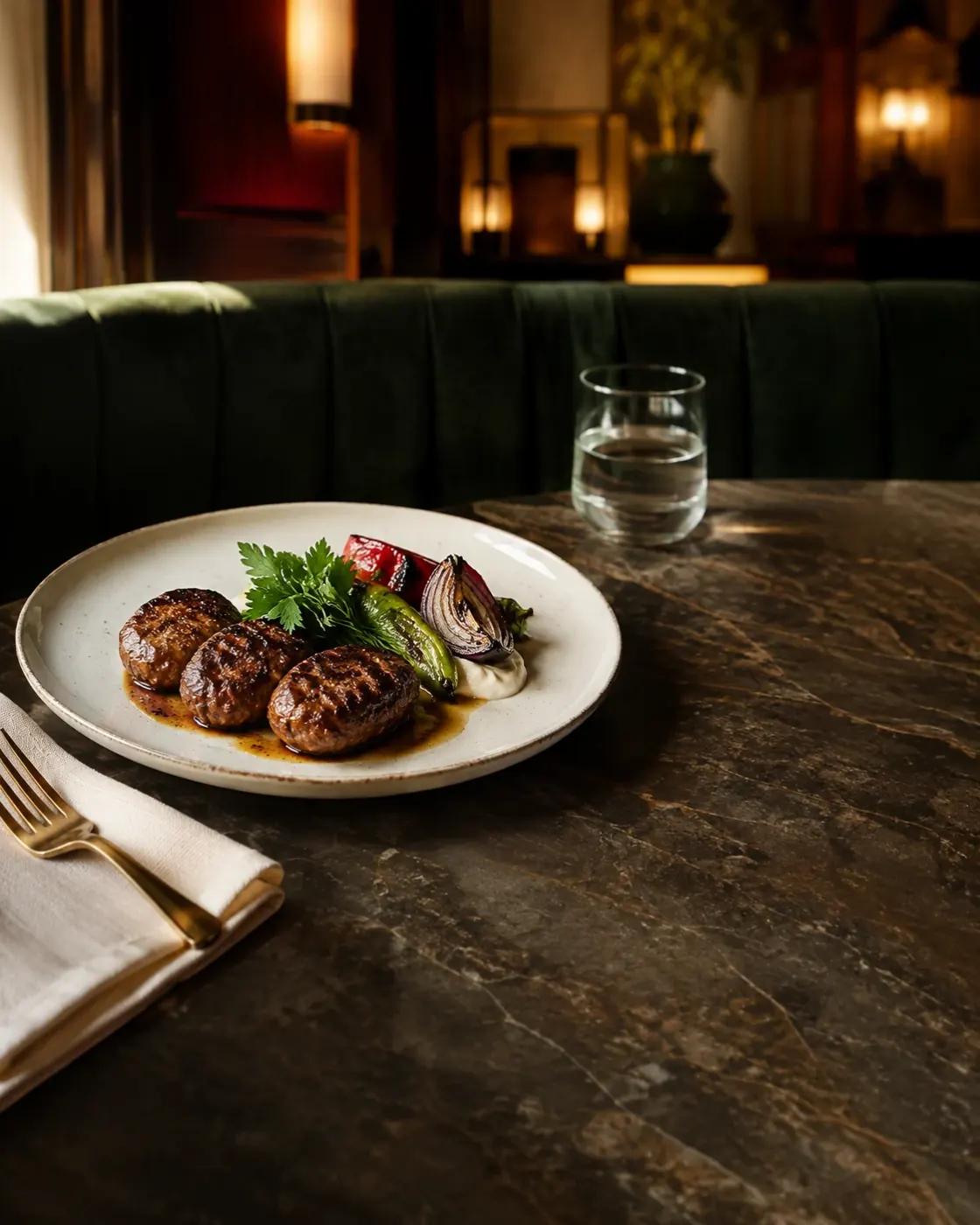 A carefully set restaurant table with warm lighting and green seating