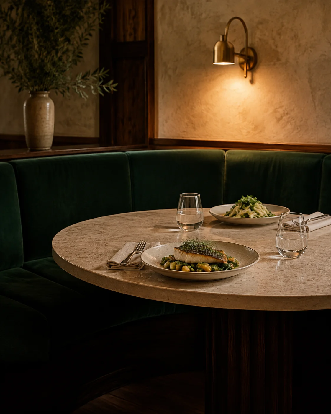 An elegantly set restaurant table with green velvet seating and warm lighting